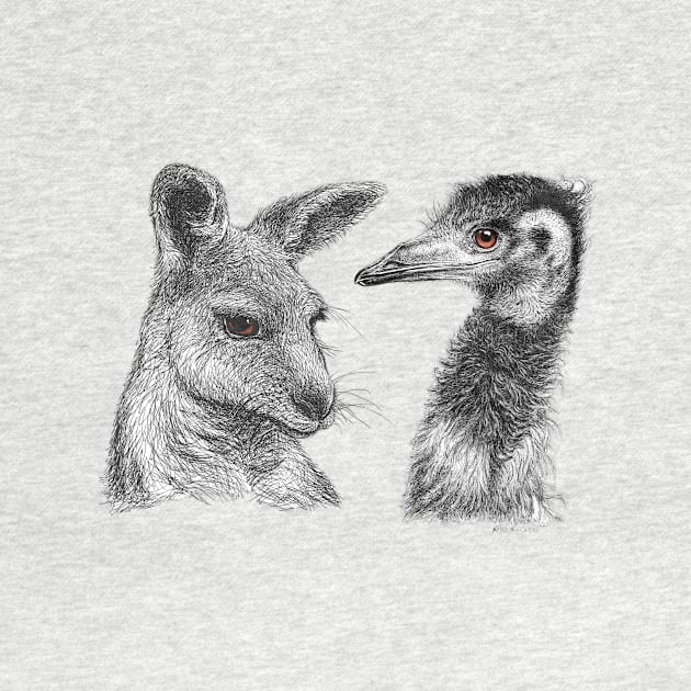 Australian Kangaroo and Emu Drawing Design - Australiana by nadyawildlife